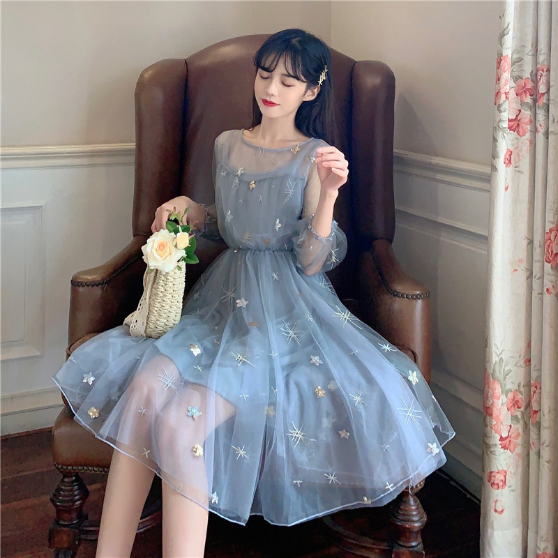 Summer Women Sweet Princess Party Dress Sequined Embroidery Mesh 3/4 Sleeve Elegant Tulle Girl A Line 210519