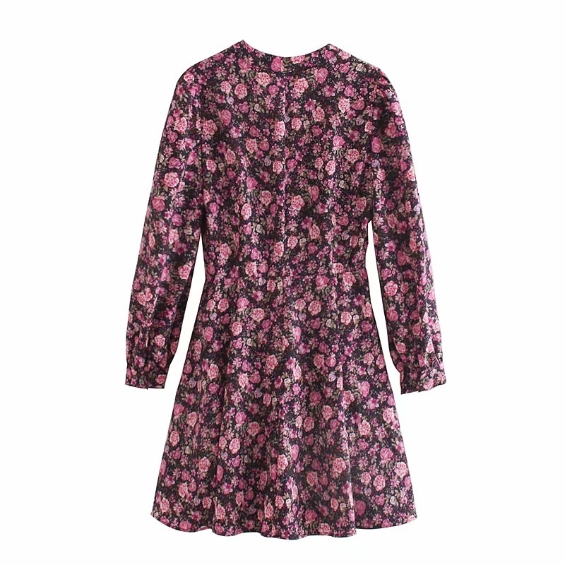 ZXOJ vintage flower print women mini dresses summer fashion v neck ladies casual button-fly female dress girls chic 210430