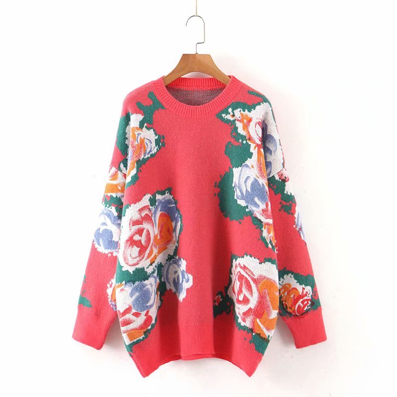 Vintage Chic Women Floral Print Sweaters Fashion Elegant Ladies Black O-Neck Pullovers Casual Jumpers for Girls 210520