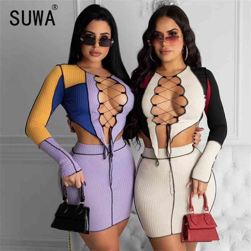 Long Sleeve Hollow Out Bandage Patchwork T-Shirt Top Skirt 2 Pieces Set Autumn Winter Women Sexy Party Tracksuit Wholesale 210525, Multi
Long Sleeve Hollow Out Bandage Patchwork T-Shirt Top Skirt 2 Pieces Set Autumn Winter Women Sexy Party Tracksuit Wholesale 210525, Multi