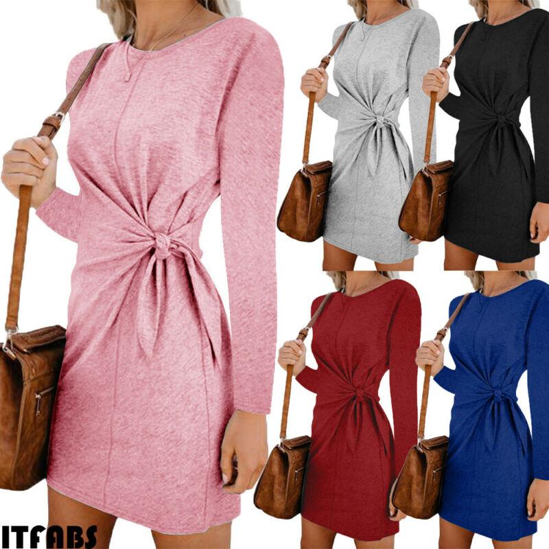 Fashion Women's Fall Winter Casual Mini Dress Sweatshirt Long Sleeve Crew Neck Lace-Up Solid Slim Tunic Top Shirt Office Dresses