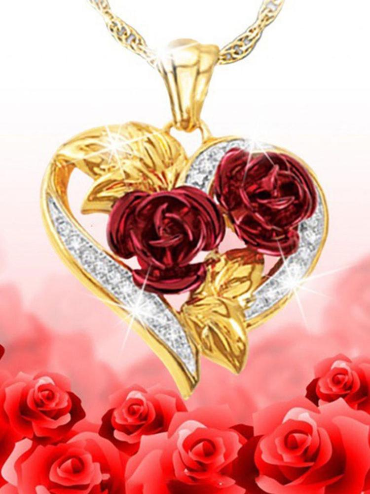 Love Rose Necklace Gold 3D Heart Shaped Pendant with Heart-Shaped Chain Necklace Rose Double