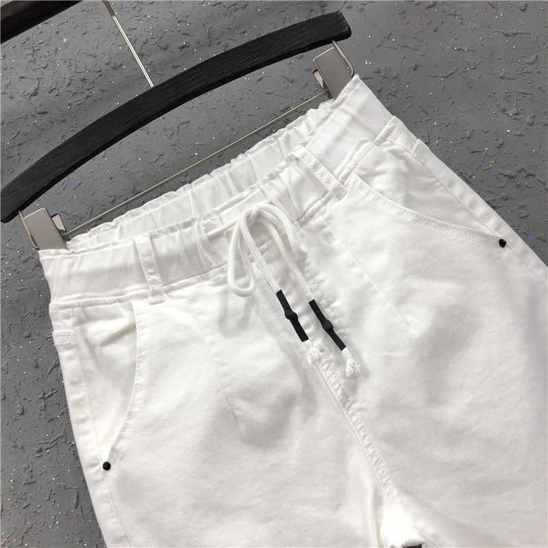 Spring Summer Women Cotton Denim Pants Plus Size Elastic Waist Loose Harem Female Casual Anklelength White Jeans D317 210922