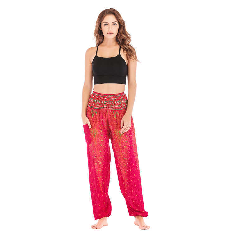 Thailand Peacock Feather Print High Waist Pants For Women Elastici Pocket Harem Woman Jogger Casual Baggy 210604