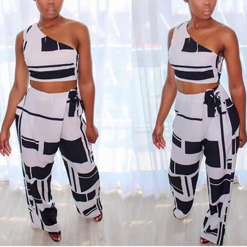 Women Two Pieces Sets Self Belted Crop Top&Pants Colorblock One Shoulder Cropped High Waist Wide Pants Set Y0625