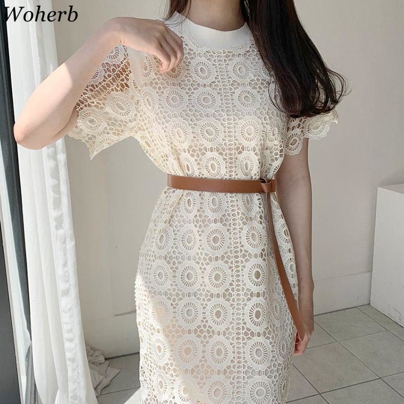 Women Lace Floral Crochet Dress Vestidos Summer Elegant Belt Robe Vintage Dresses Ladies Office Work Long Korean 210519