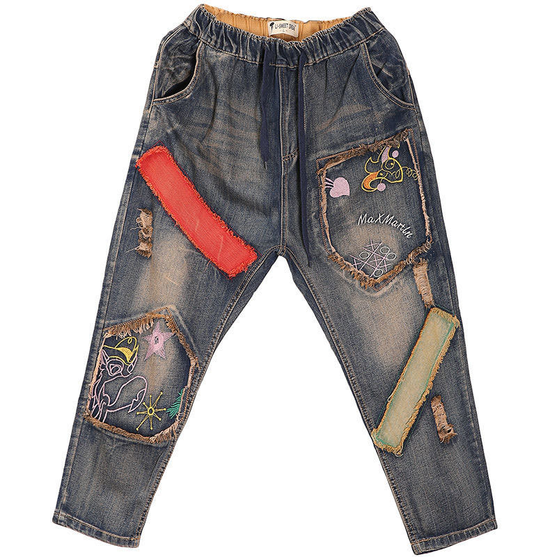 Spring Fashion Women Vintage Embroidery Jeans Elastic Waist Loose Hole Denim Harem Pants Ladies Patched Top Quality D113 210512