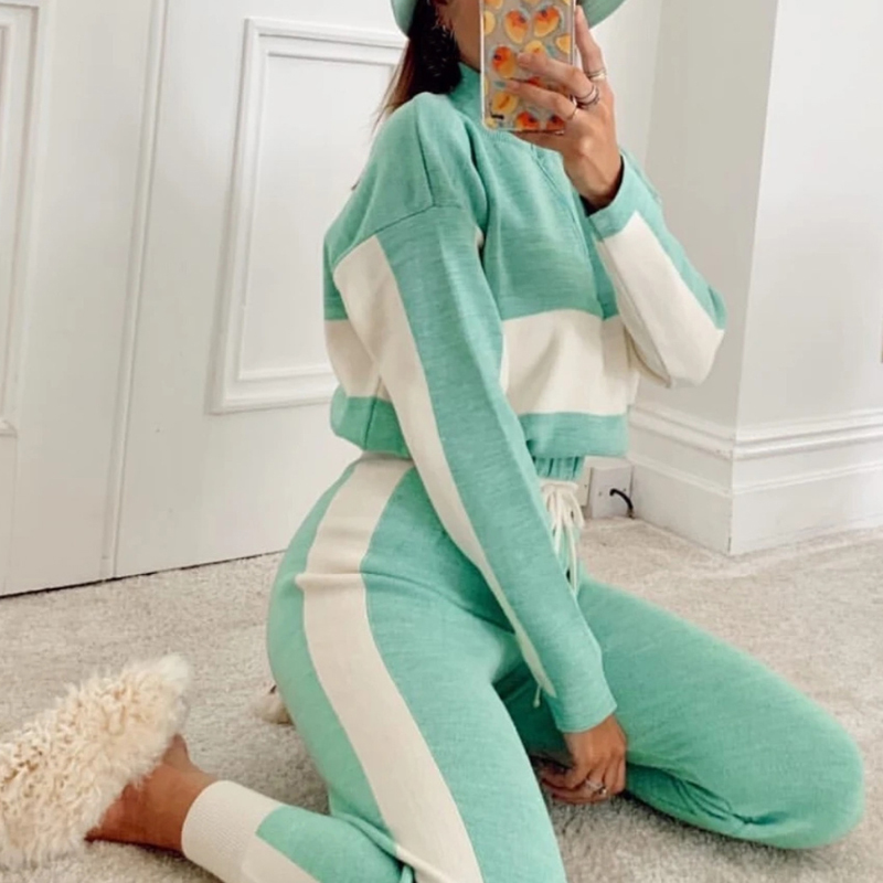 Two Piece Set Women Stitching Printed Casual Set Women Long Sleeve Zipper Tops Elastic Waist Soft Home Suit Women Clothing 210515