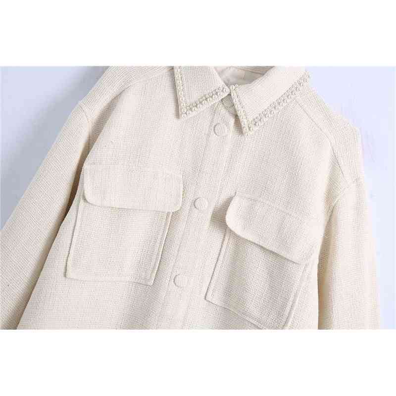 Elegant Women Beige Woolen Coats Fashion Ladies Turn Down Collar Pocket Outerwear Sweet Female Chic Pearl Jackets 210430