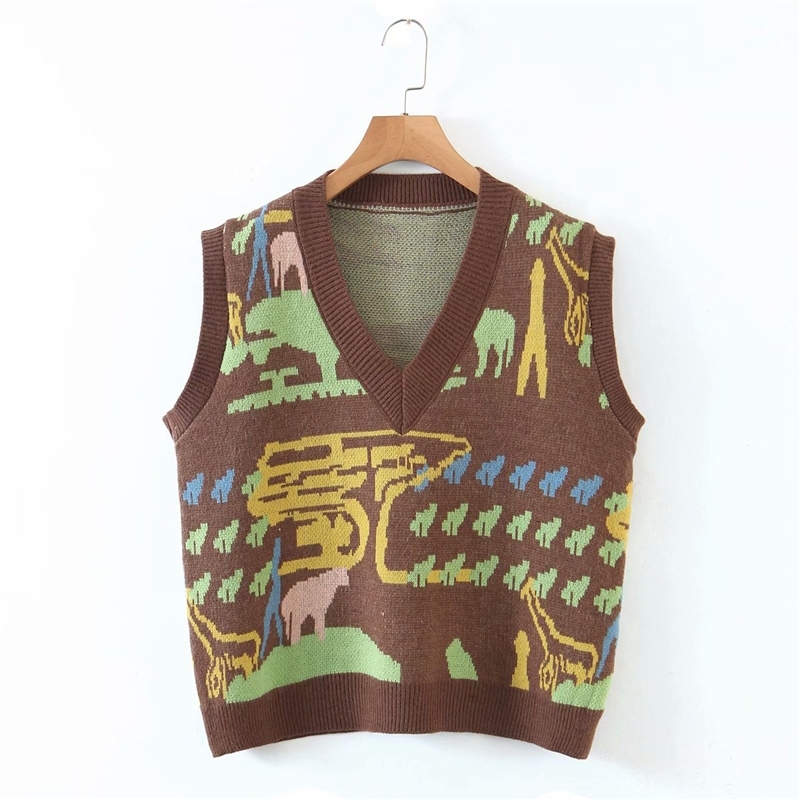 Vintage Women Abstracting Jacquard Sweaters Vest Fashion Ladies V-Neck Knitted Tanks Streetwear Female Chic Pullovers 210430