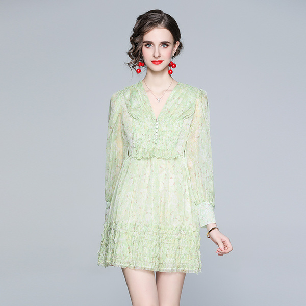 Elegant Dresses For Women Lantern Sleeve Sweet Chiffon Flowers Ruffles party Summer High Waist Casual Slim Female 210519