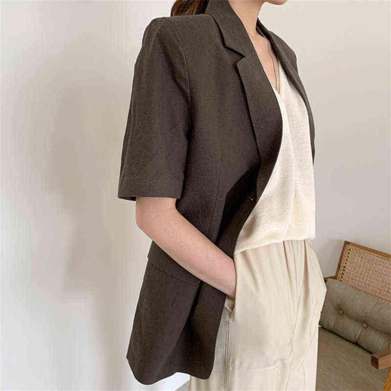 HziriP Summer All Match Femme Loose Solid Office Lady Streetwear Vintage Jackets Short Sleeves Casual Retro Blazers 211122