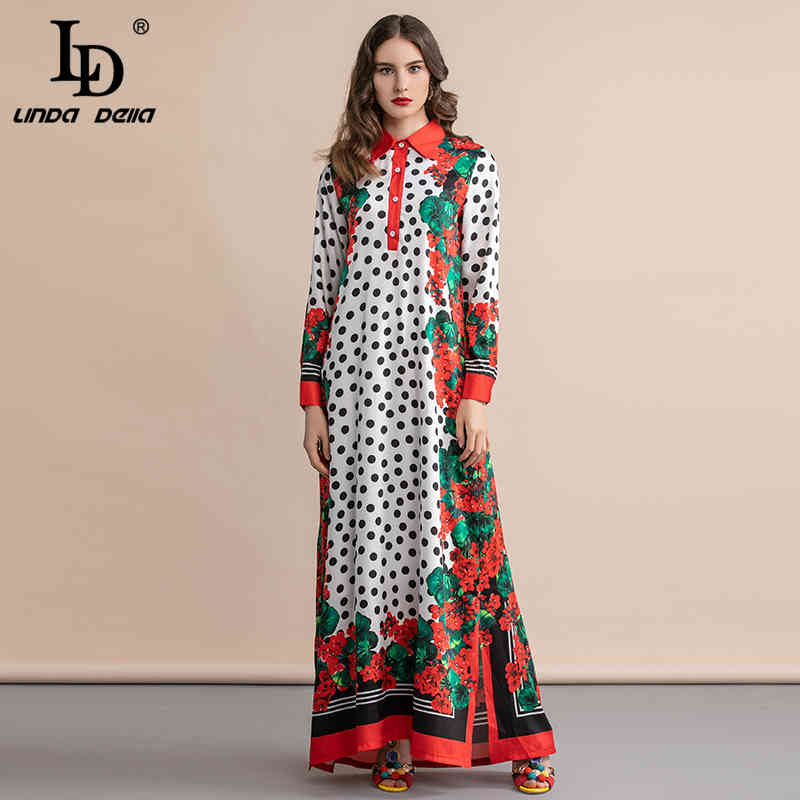 Summer Fashion Runway Maxi Dress Women's Long Sleeve Polka Dot Floral Print Elegant Vintage Plus size 210522