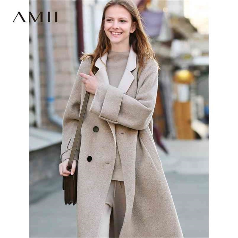 Winter Women Chic Lapel Woolen Coat Vintage Female Double-sided Suit Collar Loose Mid-Length Jacket Overcoat 11820108 210527