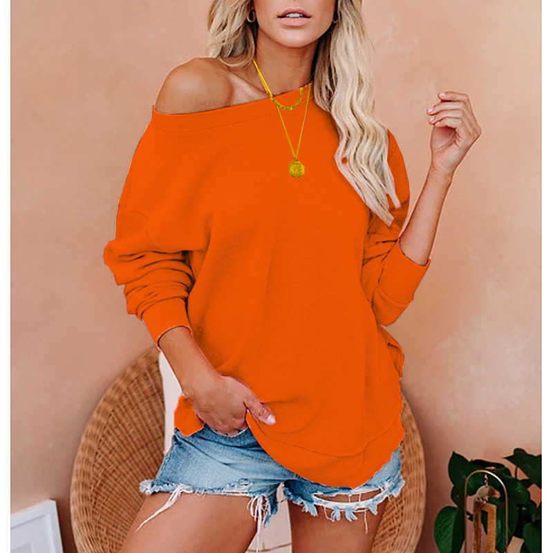 Women Sexy One Shoulder Sweatshirts Autumn Winter Casual Solid Long Sleeve Loose Hoodies 9 Colors Pullovers Tops Plus Size 210526