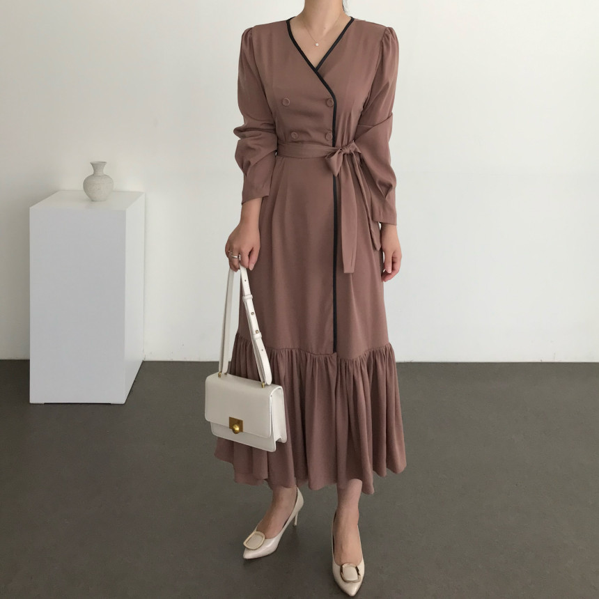 Formal Lace-up Elegant Dress Women Autumn Minimalist Fashion OL Double Breasted V-neck es Vestidos 210421