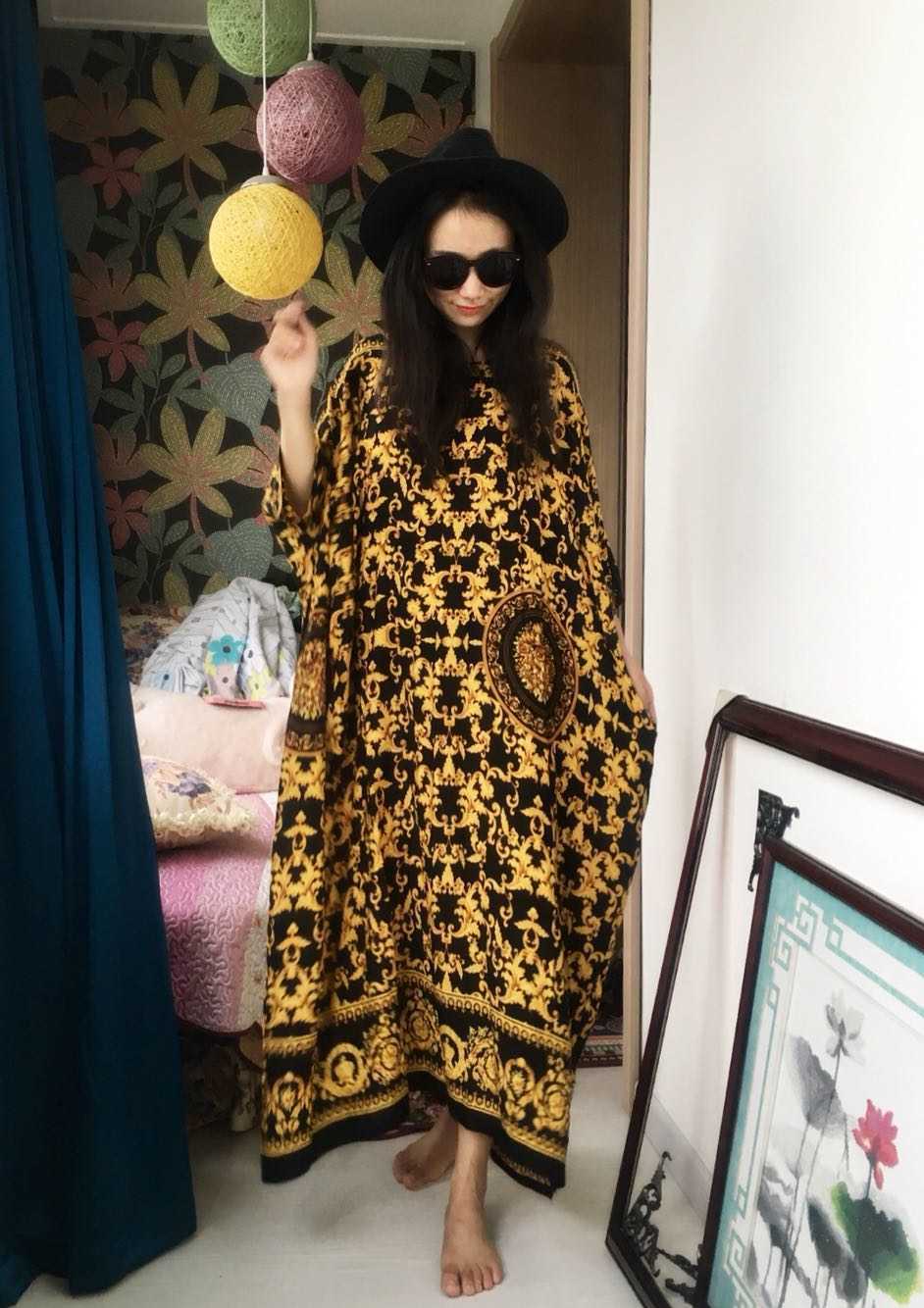 Vintage Floral Printed Bohemian Plus Size Loose O Neck Dresses Dubai Beach Travel Batwing Sleeve Ankle-Length Women Dress 210615Z