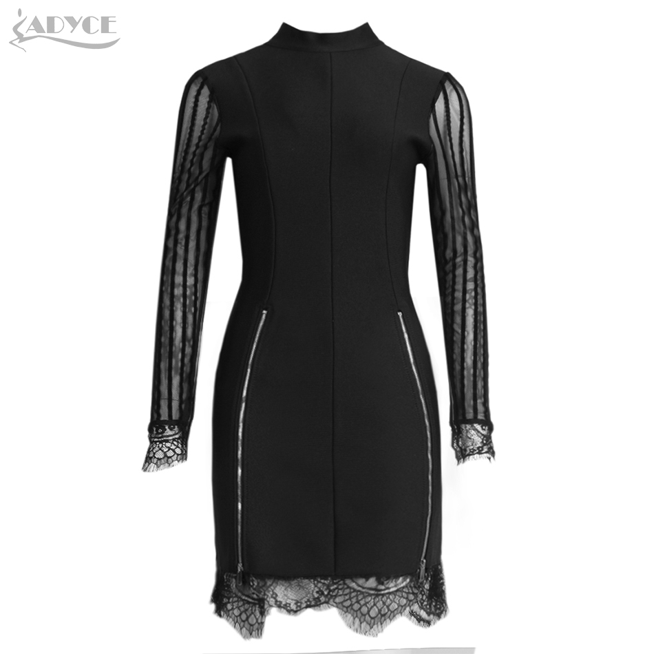 Winter Women Black Lace Backless Mini Club Bandage Dress Sexy Long Sleeve Celebrity Evening Party Bodycon Dresses 210423
