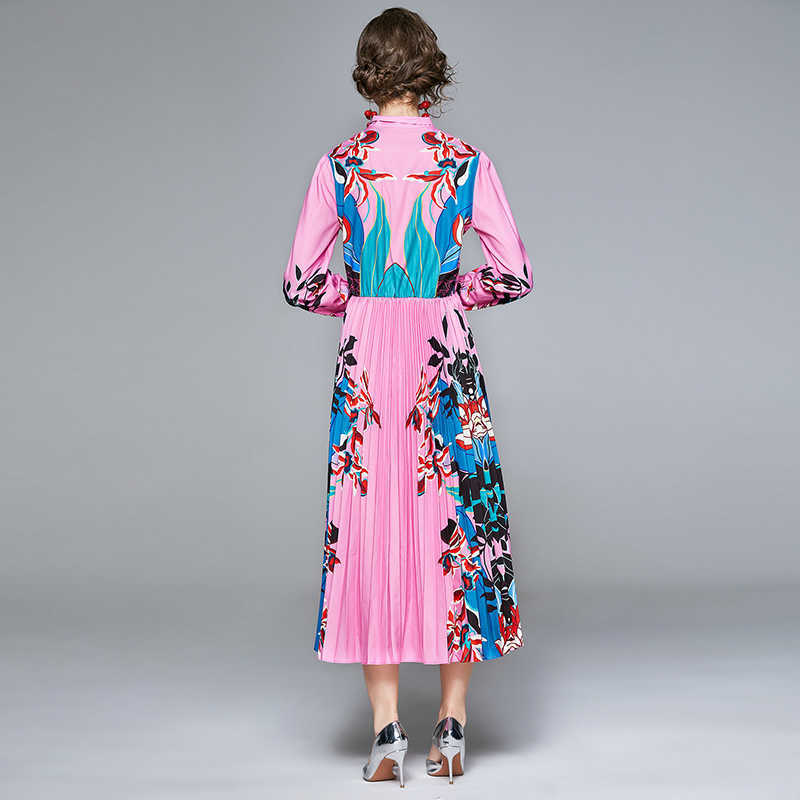 Autumn Women Floral Printed Bow Tie Collar Maxi Shirt Dress Elegant Vintage Female Long Sleeve Pleated Dresses Vestidos 210525