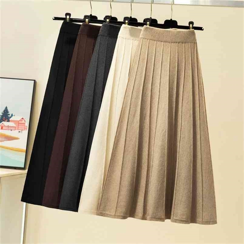Women Knitted Ribbed Pleated Midi Skirts Solid Warm A-Line Skirt Female Winter Autumn Trendy Elegant Ladies Bottoms Girls 210619
