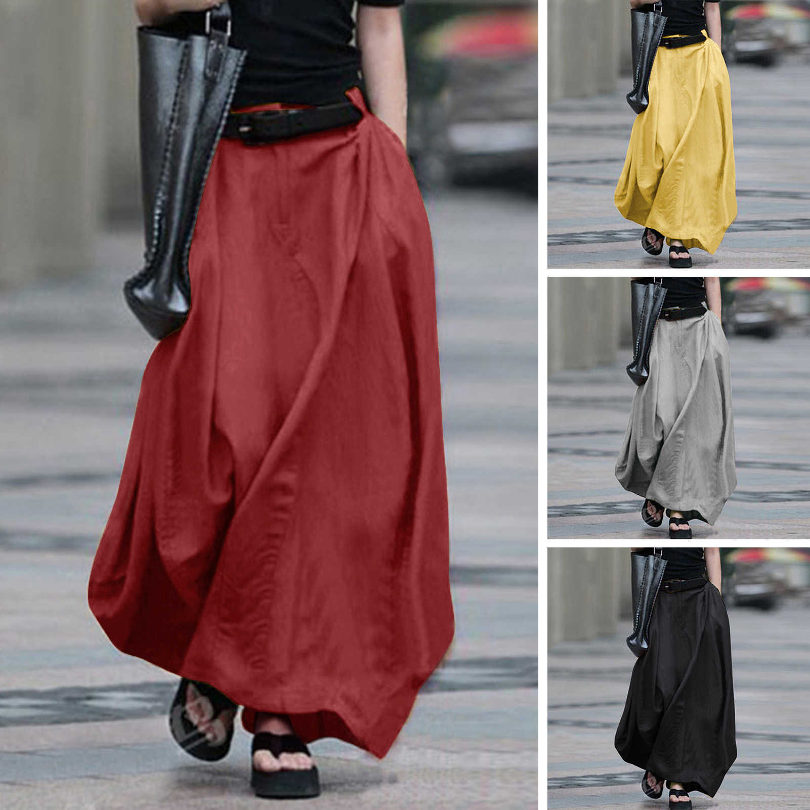 Summer Long Skirt Women Plus Size 5XL Vintage Elastic High Waist Split Hem Pockets Soft Loose Solid A-Line Skirts Femle 210619