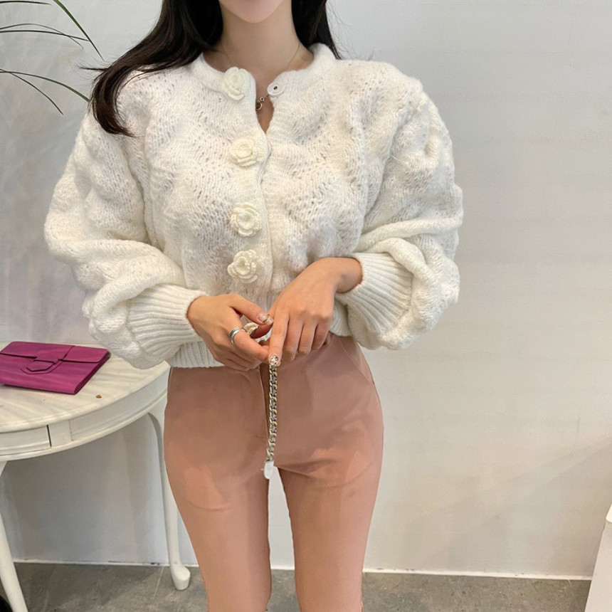 Nomikuma Vintage Puff Sleeve O-neck Sweater Coat Korean 3D Flowers Knitted Cardigan Spring Short Knitwear Tops New 6E182 210427