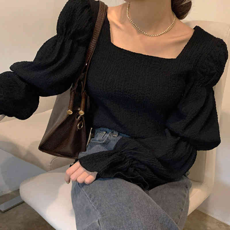 Nomikuma Vintage Square Collar Women Blouse Pleated Flare Long Sleeve Causal Top Shirts Autumn New Blusas Mujer 6C765 210427