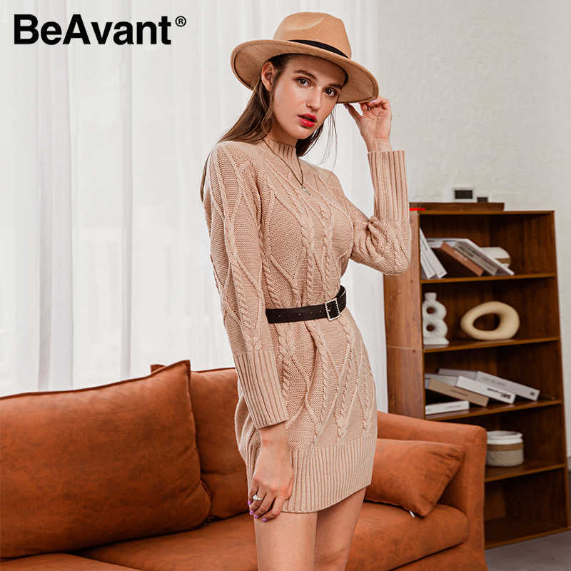BeAvant Elegant solid long sleeve midi dress women O-neck patterned straight dress Casual autumn winter warm dress ladies 210709