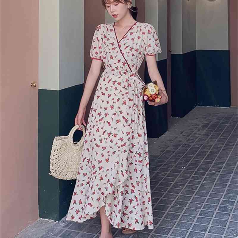 Summer Women Sweet Floral Print V-Neck Boho Long Chiffon Dress Ruffles Wrap Casual Slim Split Sexy Party Robe 210519