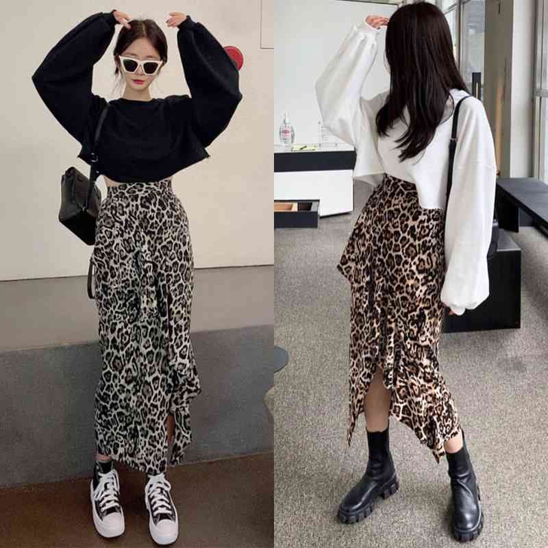Skirts Korean Chic Vintage High Waist Irregular Leopard Print Skirt Women Casual Mid Length Faldas Mujer Moda Spring Summer 210429