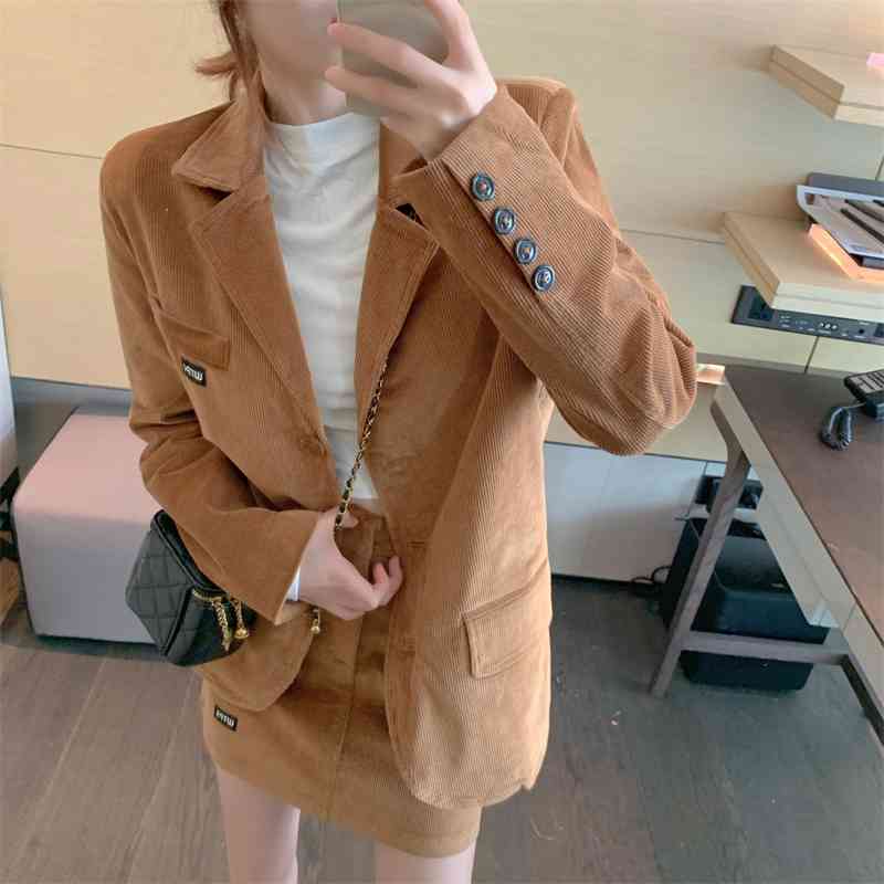 Korean Corduroy Two Piece Skirt Suit Set Women Single-breasted Blazer + Mini Outfits Fashion Office Streetwear Female 210514