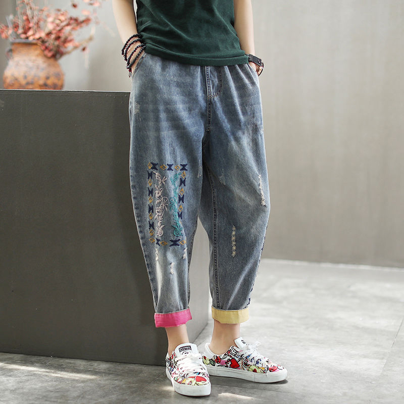 Spring Korea Fashion Women Elastic Waist Denim Harem Pants Patchwork embroidery Loose Ripped Jeans Plus Size S634 210512