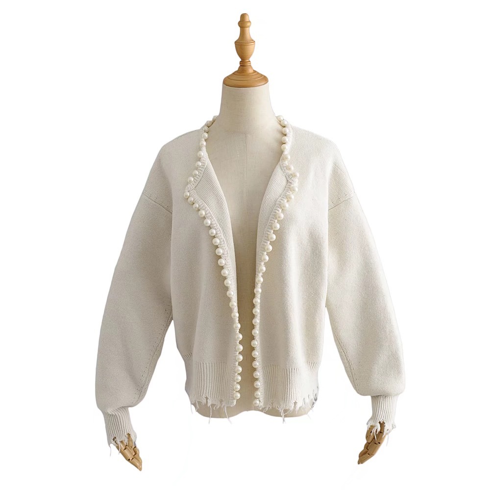 Vintage Oversized Round Collar Beading Pearl Cardigan Retro Long Sleeve Knitting Sweater Loose Jumper Cool girl Streetwear 210429