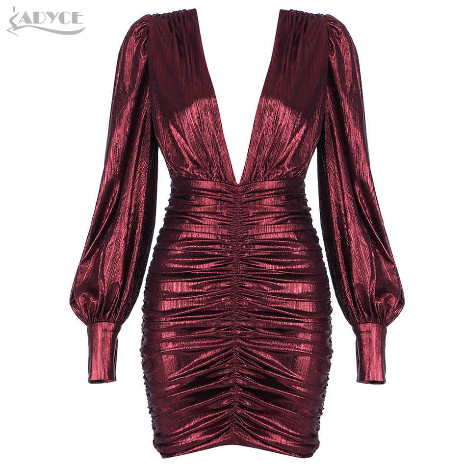 Winter Women Wine Red Long Sleeve V Neck Mini Club Dress Sexy Draped Buttons Celebrity Runway Party Bodycon 210423