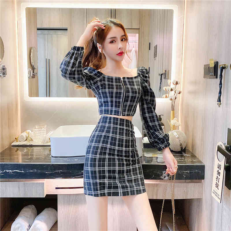 Summer Women Two Piece Set Casual Sexy Plaid Puff Sleeve Short Shirt Top + High Waist Mini Skirt Suit Outfits 210518