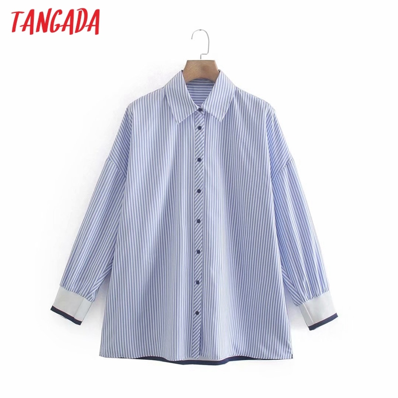 Women Blue Striped Shirts Long Sleeve Turn Down Collar Elegant Office Ladies Work Wear Blouses XN304 210416