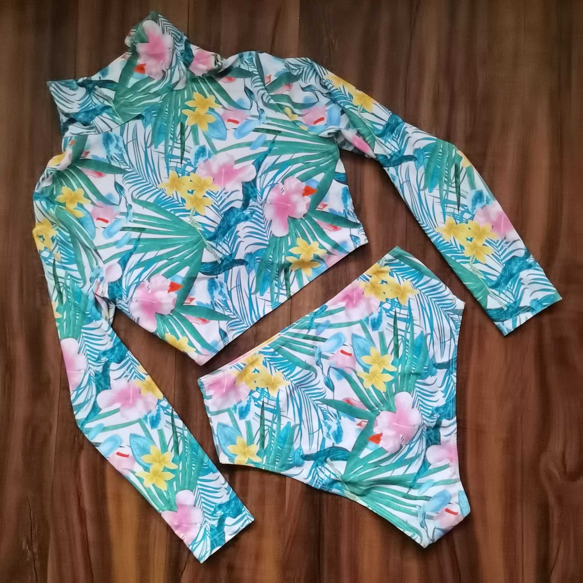 S-5XL Plus Size Swimsuit Two Piece Swimwear Women Leaf Print Monokini High Waist Bathing Suit Summer Long Sleeve Beachwear 210625