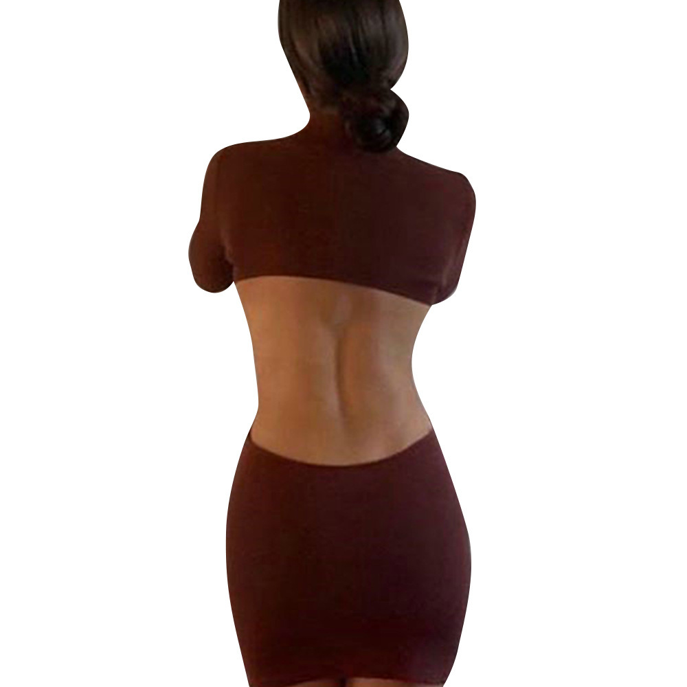Sexy Backless Slim Women Dress Autumn Solid Turtleneck Package Hip Mini Femme Long Sleeve Knitted Tight Club Party es 210522