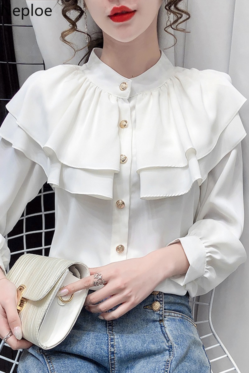 Neploe Korean Blouses Women Fashion Stand Neck Ruffles Shirt Tops Temperament Single-breasted Blouse Office Lady Blusas Mujer 210422