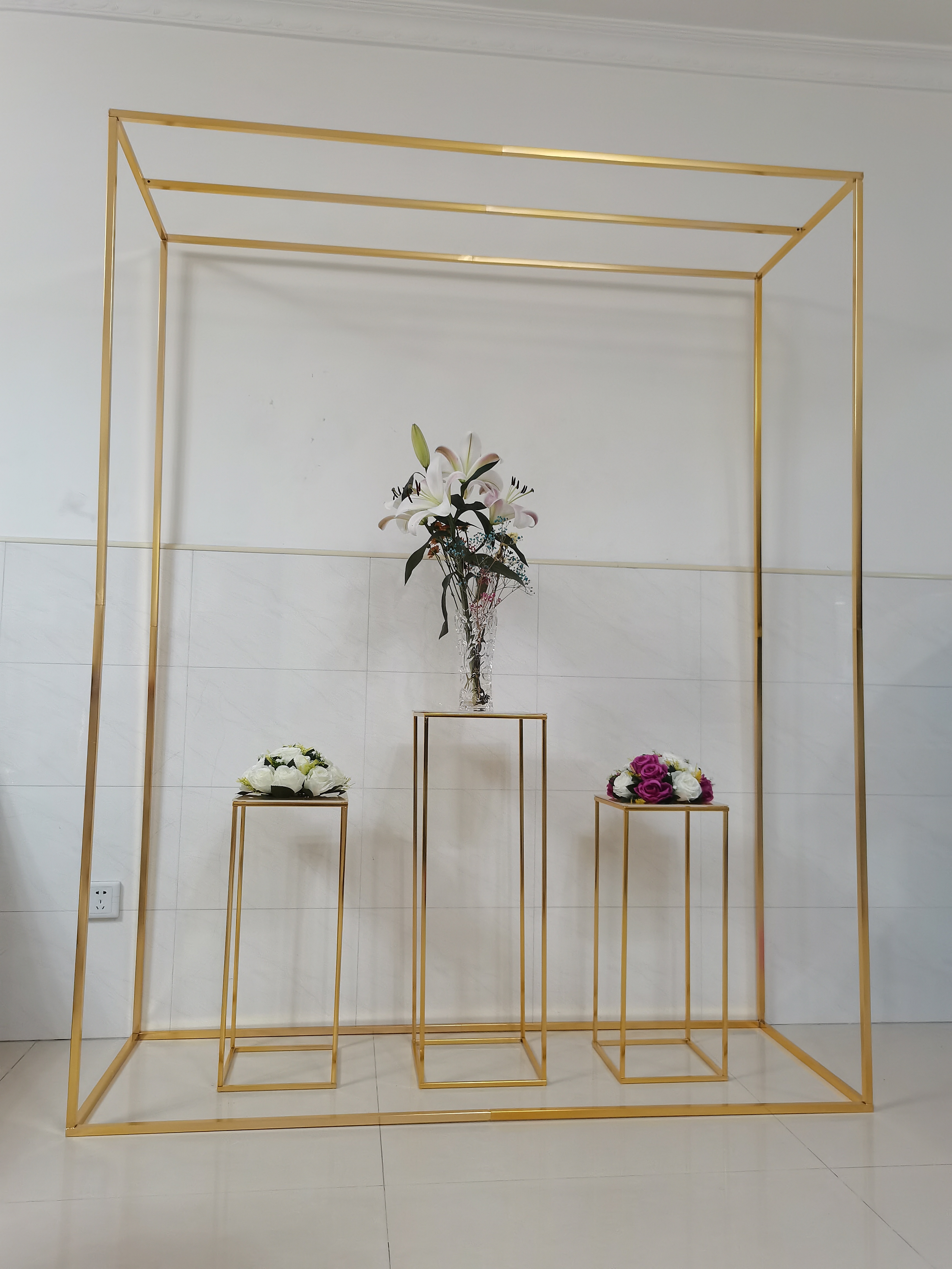Shiny Gold Rectangle Arch with Plinths Welcome Sign Rack Wedding Decoration Pergola Flower Balloon Backdrops Stand Metal Frame Party Home DIY Backgrou