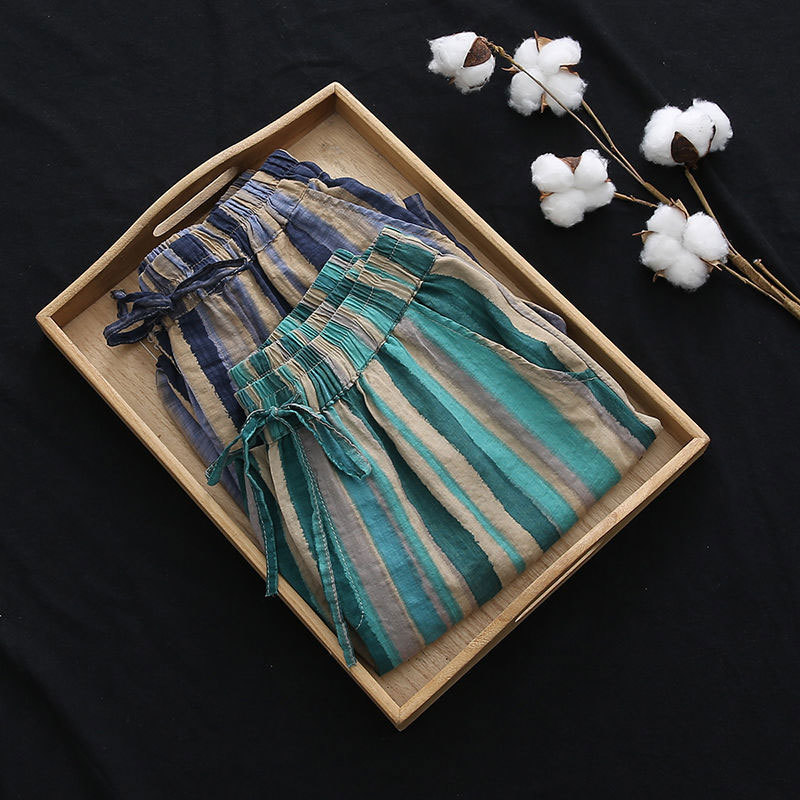 Summer Fashion Women Pants Plus Size Loose Casual Elastic Waist Striped Harem Vintage Cotton Linen Ankle-length D125 210512