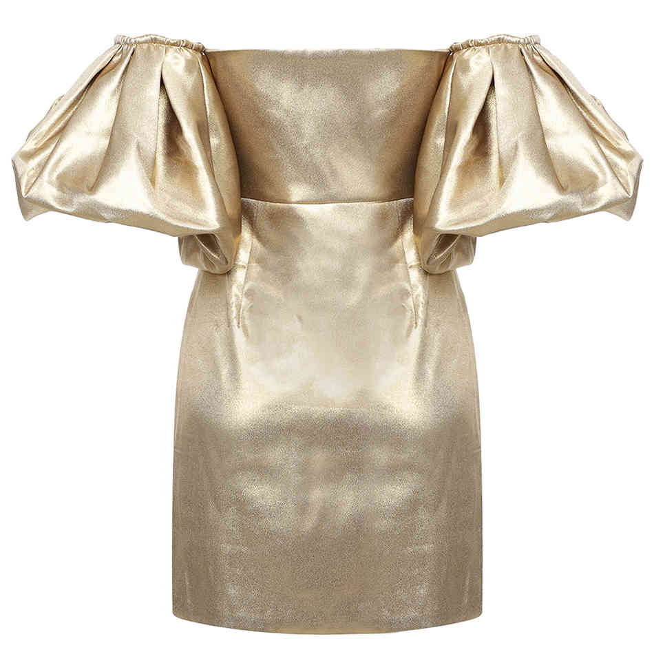 Arrival Women Gold Off Shoulder Club Mini Dress Sexy Short Lantern Sleeve Celebrity Evening Runway Party Dresses 210423