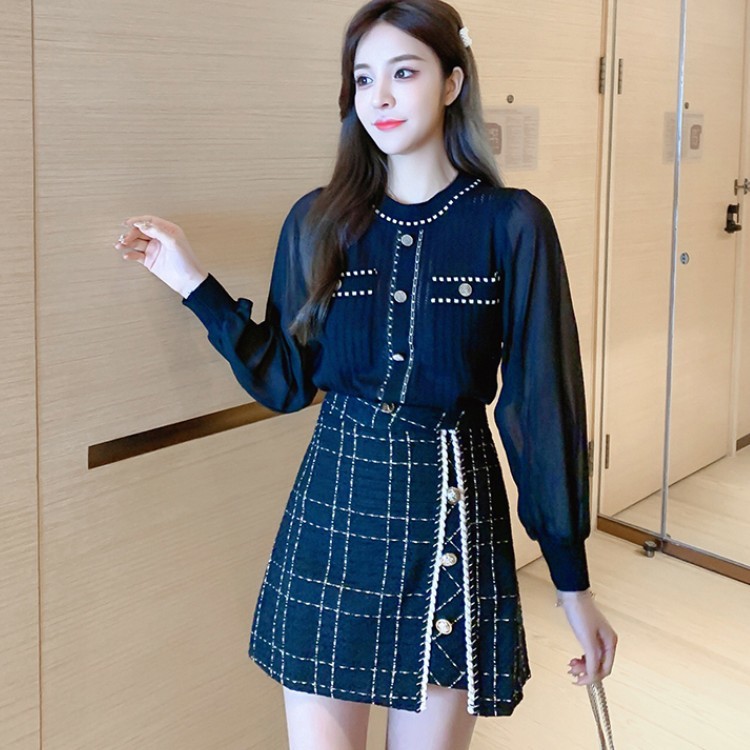 Fashion 2 Piece Set Autumn Women Chiffon Patchwork Long Sleeve Knit Top + High Waist Plaid Tweed Mini Skirt Suit 210519