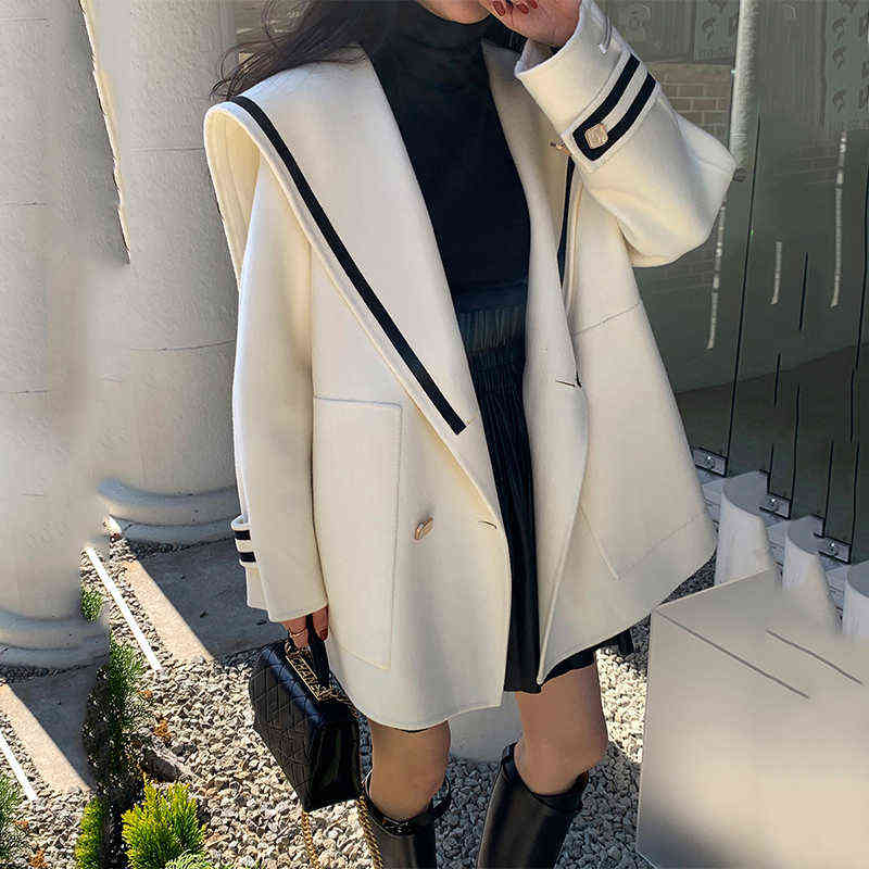 Sister Fara Autumn Sailor Collar Blazer Long Sleeve Jacket Women Double Breasted Winter Thicken Warm Coat Loose Blazers 211122