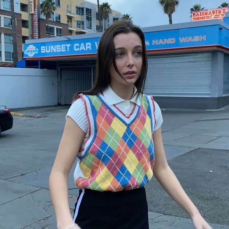 Preppy Style Pink Argyle Plaid Knitted Sweater Vest Women 90s Vintage Korean Clothing V Neck Tank Top Y2K Knitwear Sleeveless 210429