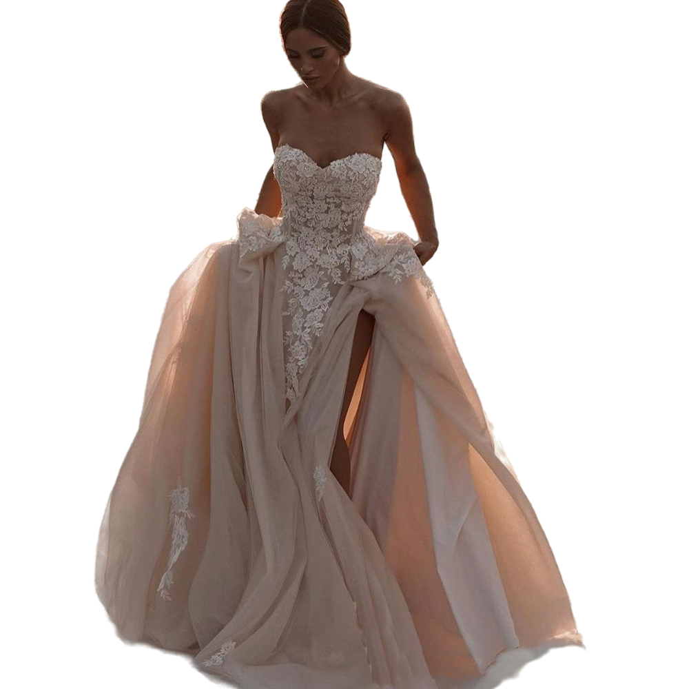 Chic Champagne Sweetheart Wedding Dress Floral Lace Appliques Country Garden Bridal Gowns Luxury High Split Tulle A Line Long Train Lace Boning Bride 