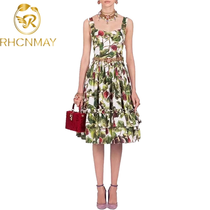 est Summer Fashion Square Collar Spaghetti Strap Sleeveless A-Line Print Slim Knee Dress Women Pleated 210506