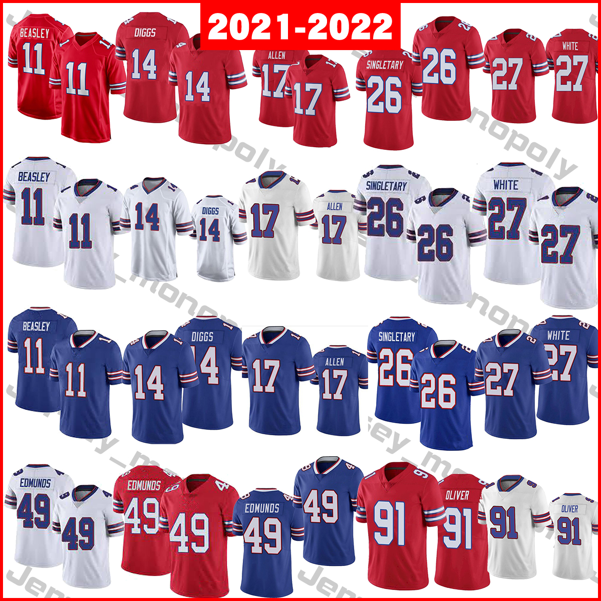 2021-2022 Football Jerseys 11 Cole Beasley 14 Stefon Diggs 17 Josh Allen 26 devin Singletary 27 tre'davious white 49 tremaine edmunds 91 ed oliver
2021-2022 Football Jerseys 11 Cole Beasley 14 Stefon Diggs 17 Josh Allen 26 devin Singletary 27 tre'davious white 49 tremaine edmunds 91 ed oliver