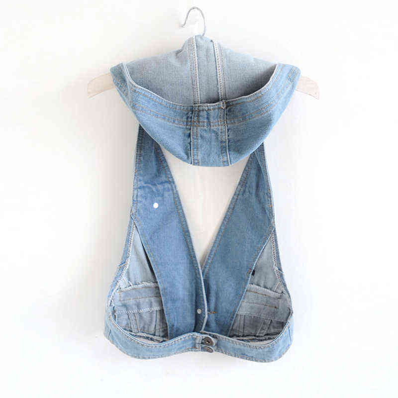 Korean Fashion Hooded Summer Waistcoats Denim Vest Women Sexy Halter Sleeveless Jean Jacket Female Slim Veste Femme Coat 211120