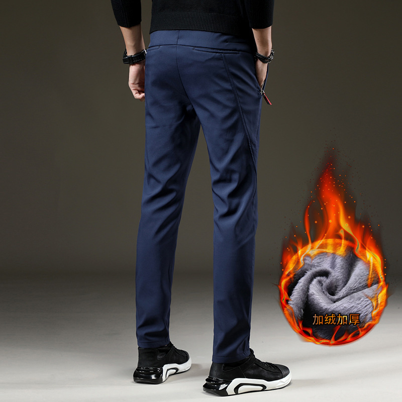 Mens Warm Pants for Winter Korean Slim Fit Fleece Lined Trousers Skinny Stretch Trousers Male Casual Elastic Waist Fashion Young 210518